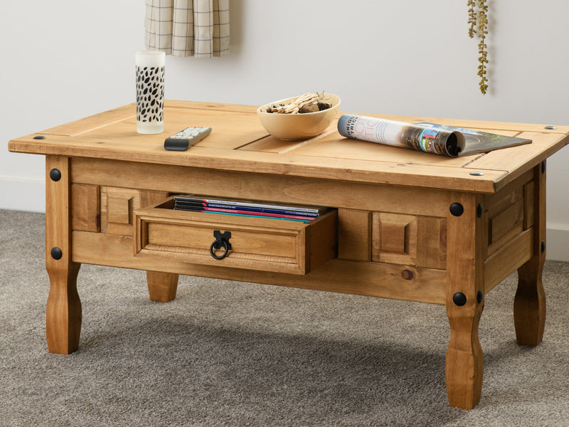 Corona 1 Drawer Coffee Table in Distressed Waxed Pine