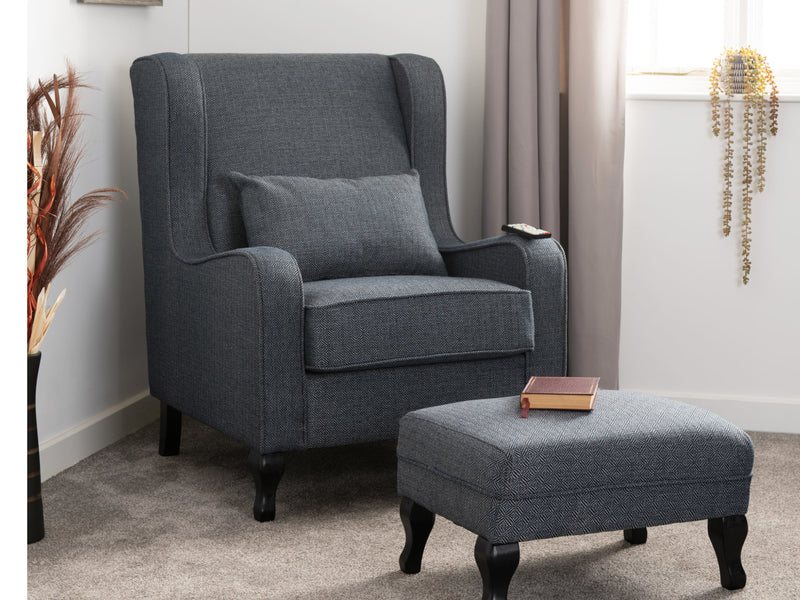 Sherborne High Back Chair & Foot Stool in Slate Blue Fabric