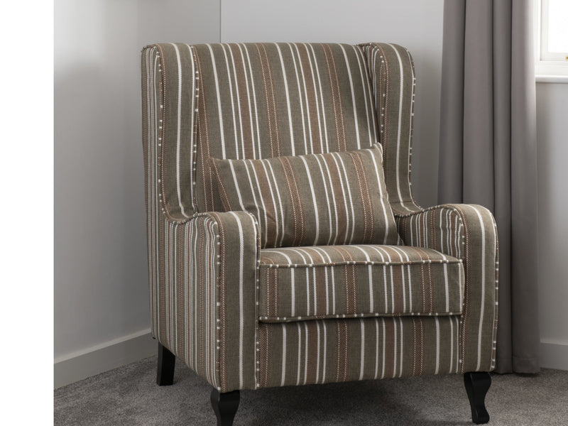 Sherborne High Back Chair & Foot Stool in Beige Stripe Fabric