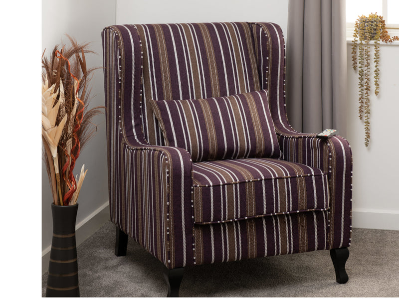 Sherborne High Back Chair & Foot Stool in Burgundy Stripe Fabric